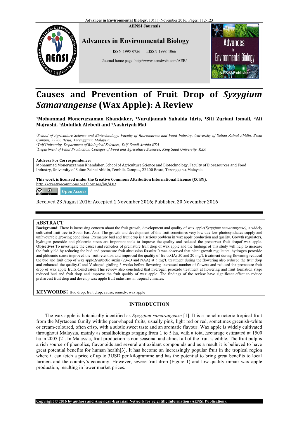 Causes and Prevention of Fruit Drop of Syzygium Samarangense (Wax Apple): a Review