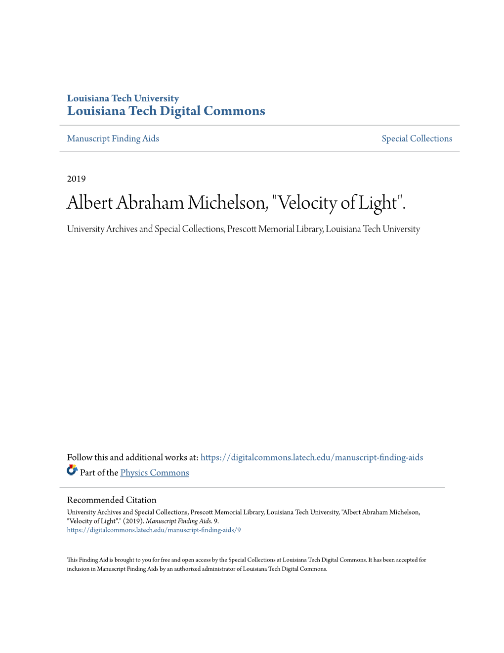 Albert Abraham Michelson, "Velocity of Light"