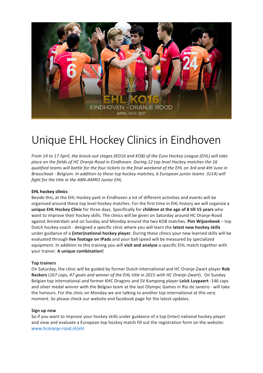 Unique EHL Hockey Clinics in Eindhoven