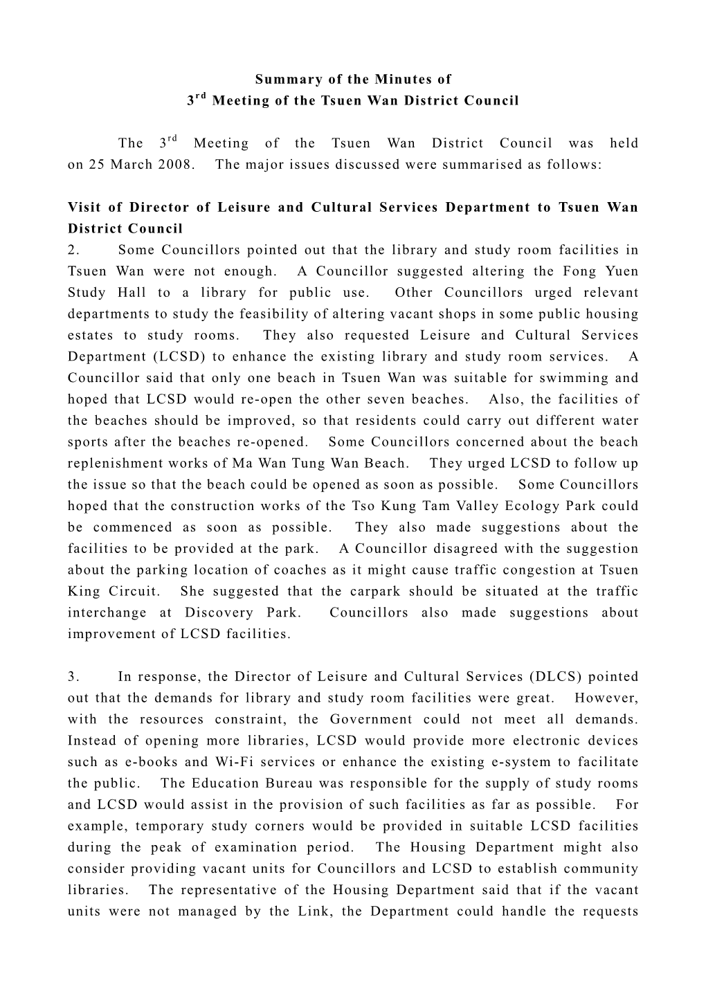 Summary of the Minutes of 3Rd Meeting of the Tsuen Wan District Council