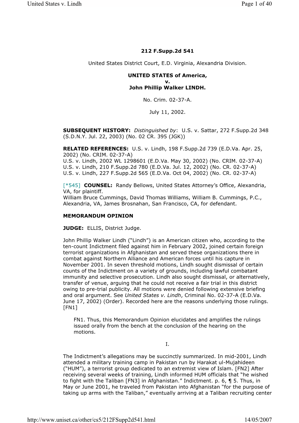 Page 1 of 40 United States V. Lindh 14/05/2007