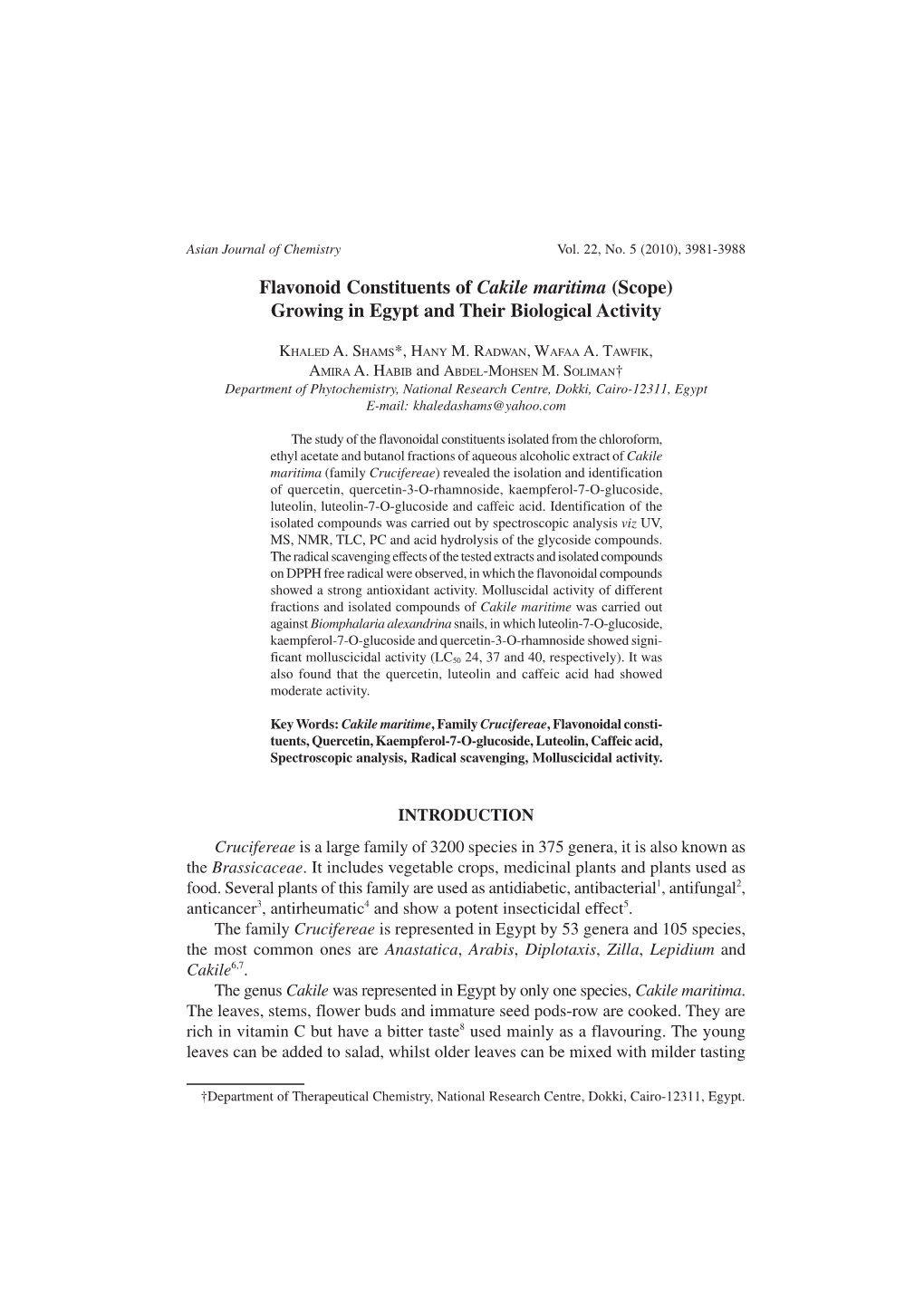 Flavonoid Constituents of Cakile Maritima (Scope) Growing in Egypt and Their Biological Activity