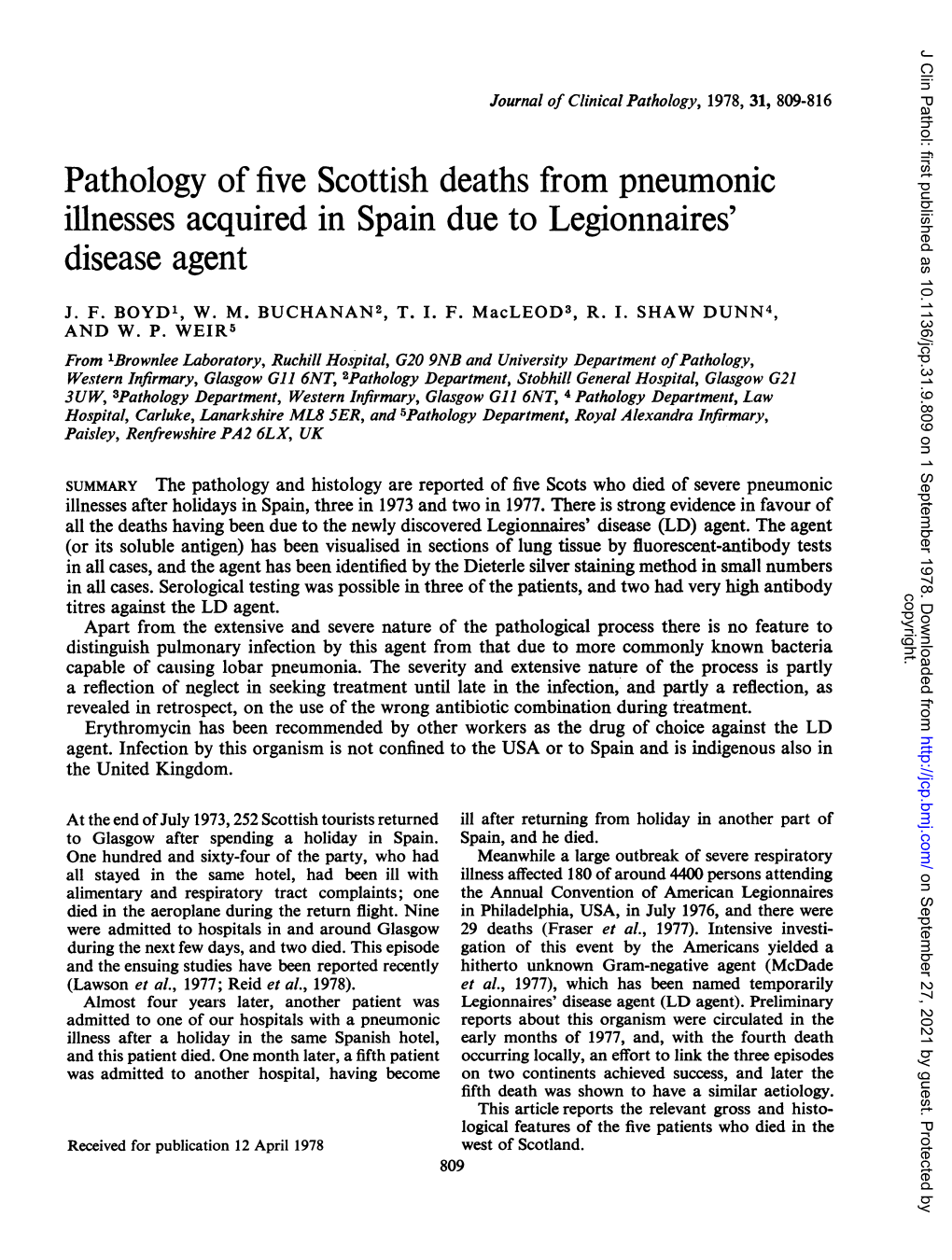 Pathology of Five Scottish Deaths from Pneumonic Disease Agent