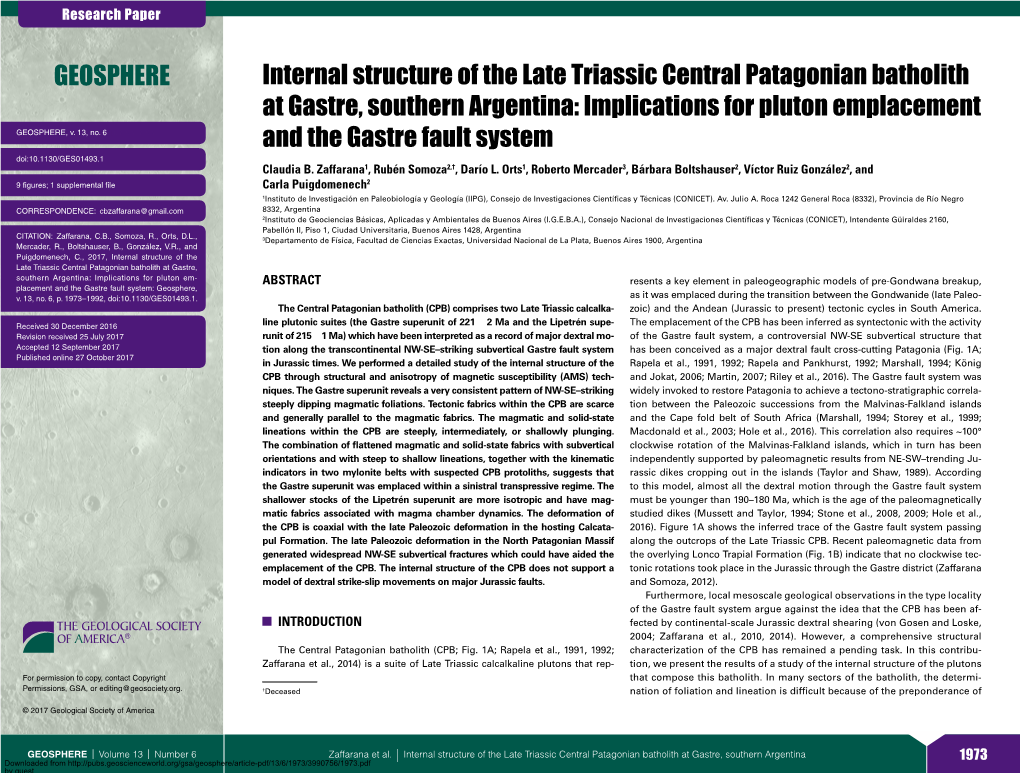 Internal Structure of the Late Triassic Central Patagonian Batholith at Gastre, Southern Argentina: Implications for Pluton Emplacement GEOSPHERE, V