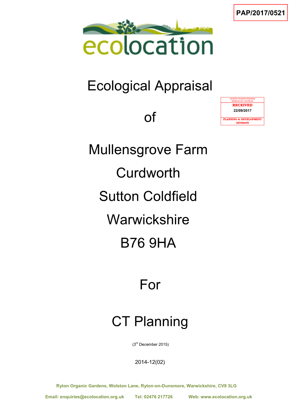 Ecological Appraisal of Mullensgrove Farm Curdworth Sutton Coldfield