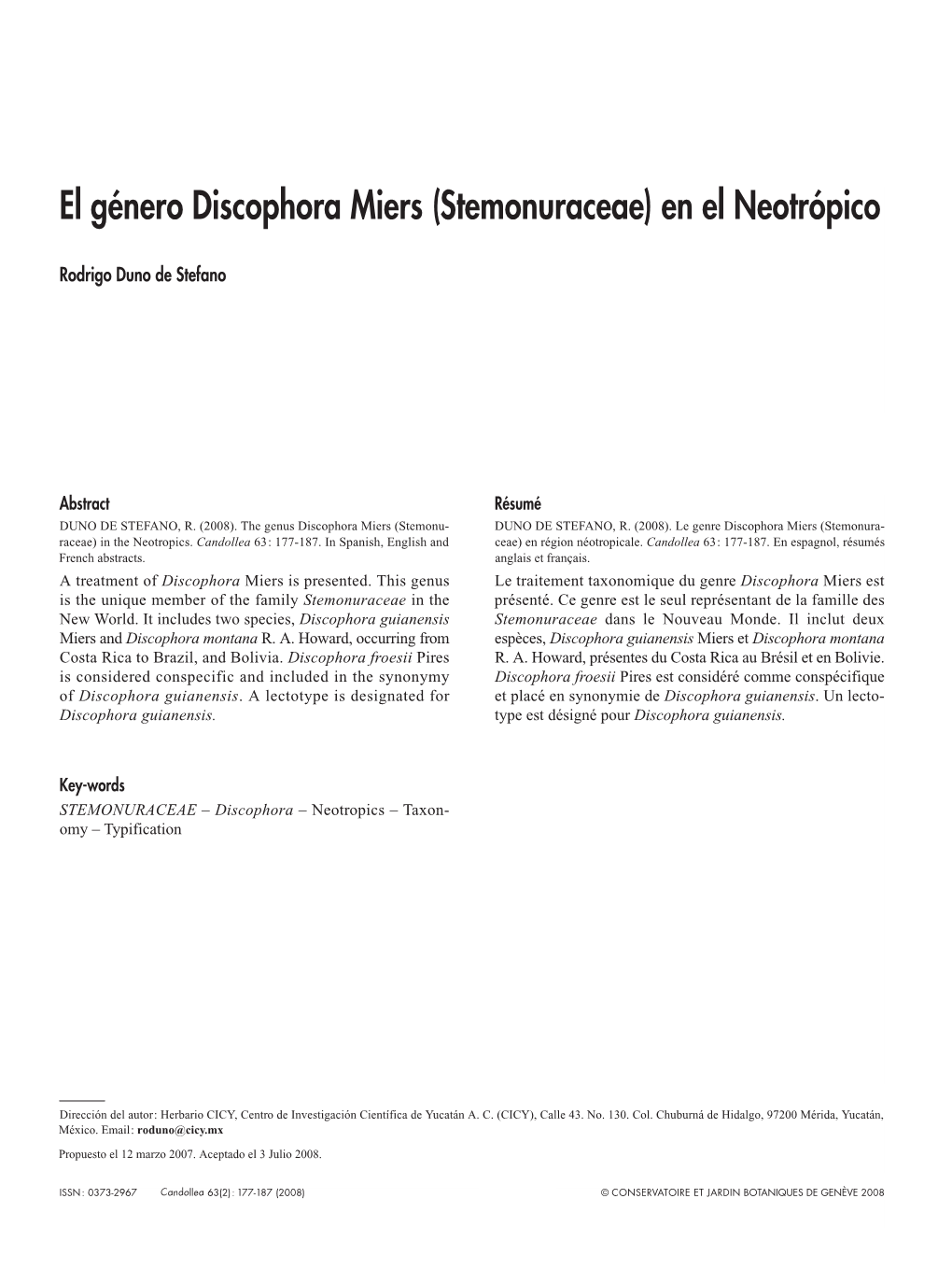 El Género Discophora Miers (Stemonuraceae) En El Neotrópico