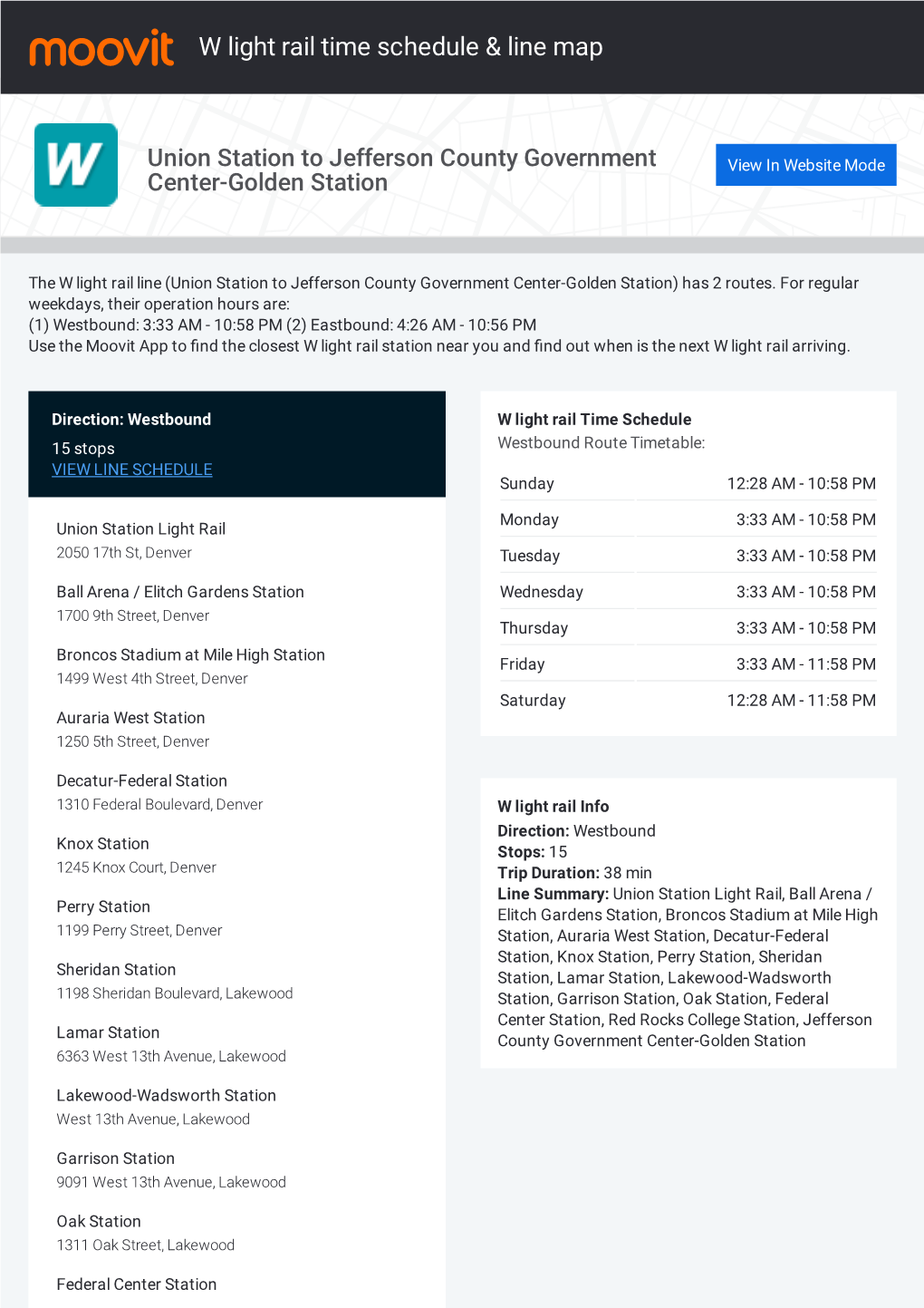 W Light Rail Time Schedule & Line Route