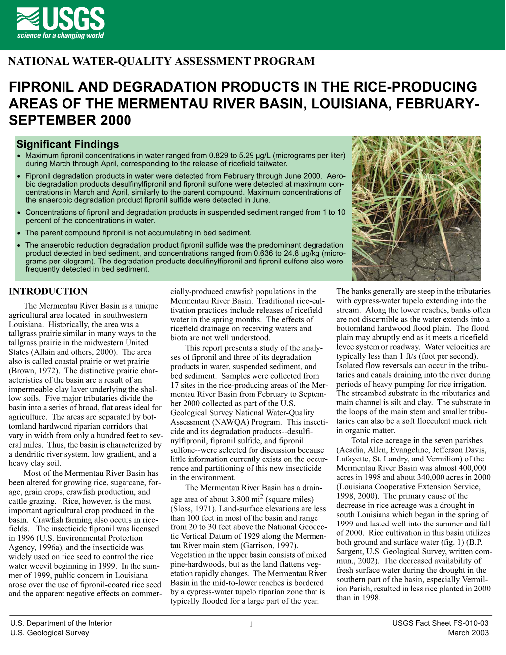 Fipronil and Degradation Products in the Rice-Producing Areas of the Mermentau River Basin, Louisiana, February- September 2000