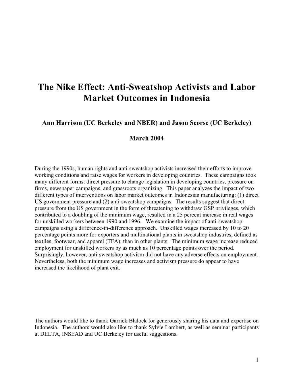 The Nike Effect: Anti-Sweatshop Activists and Labor Market Outcomes in Indonesia