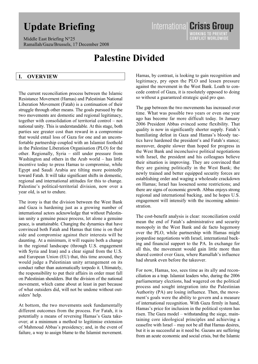 Middle East Briefing, Nr. 25: Palestine Divided