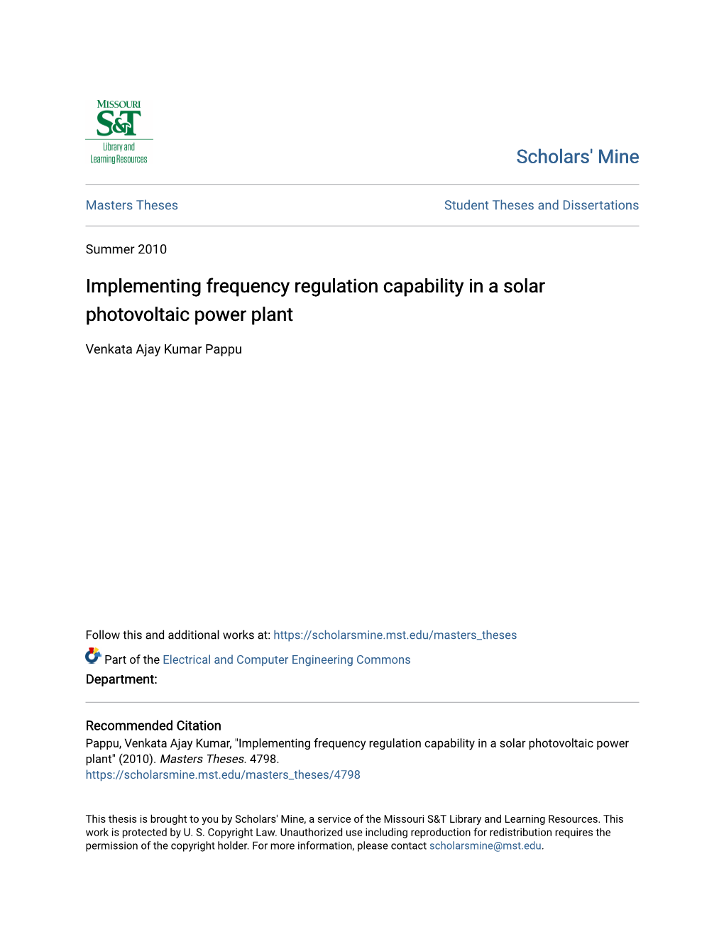 Implementing Frequency Regulation Capability in a Solar Photovoltaic Power Plant