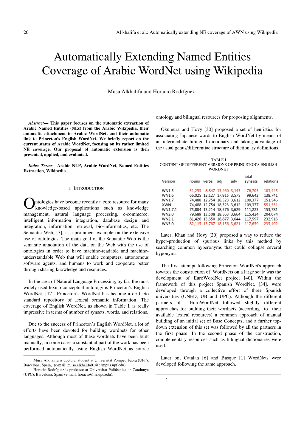 Automatically Extending Named Entities Coverage of Arabic Wordnet Using Wikipedia