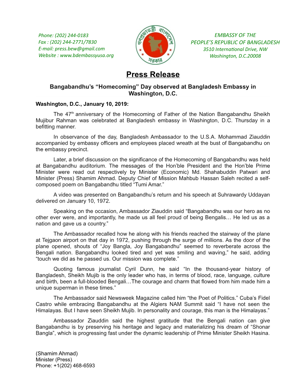 Press Release Bangabandhu’S “Homecoming” Day Observed at Bangladesh Embassy in Washington, D.C