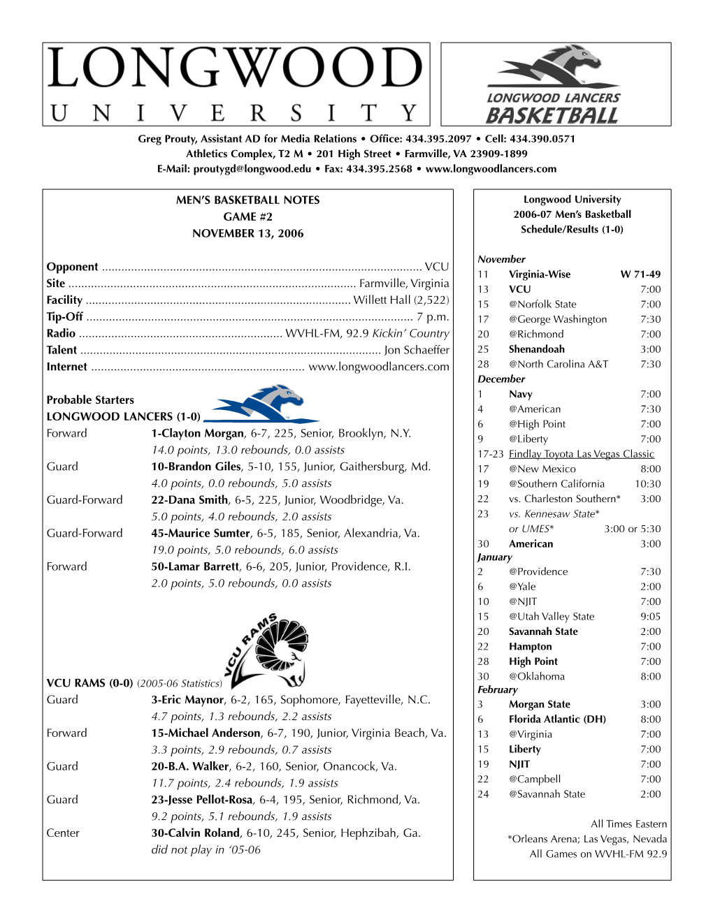 Men's Basketball Notes Game #2 November 13, 2006