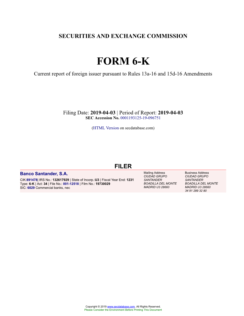 Banco Santander, S.A. Form 6-K Current Event Report Filed 2019-04