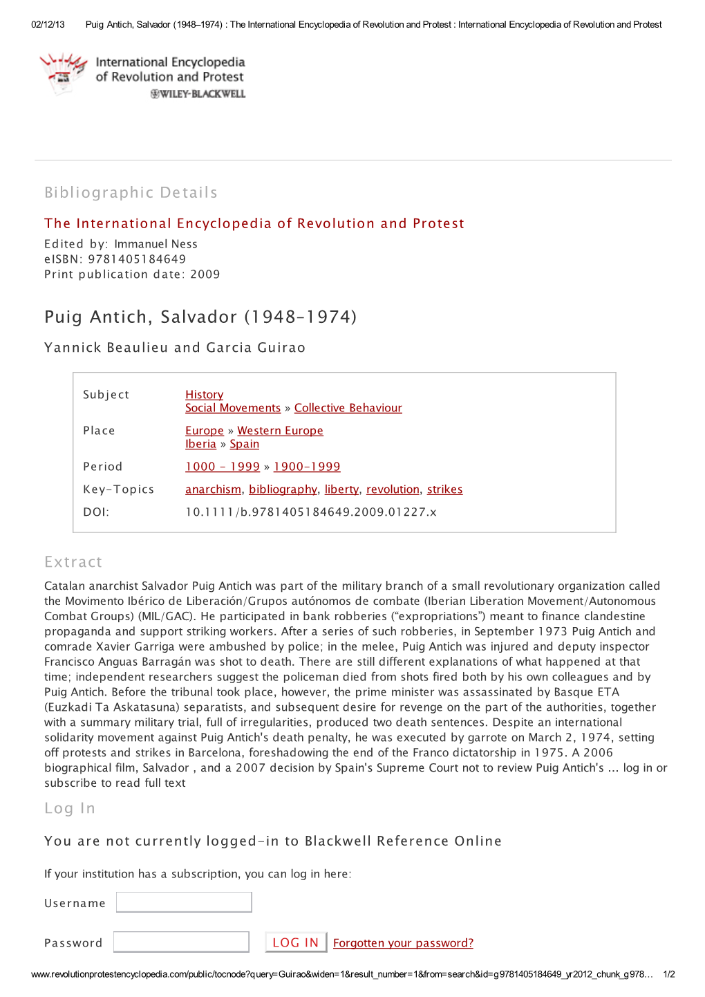 Puig Antich, Salvador (1948–1974) : the International Encyclopedia of Revolution and Protest : International Encyclopedia of Revolution and Protest