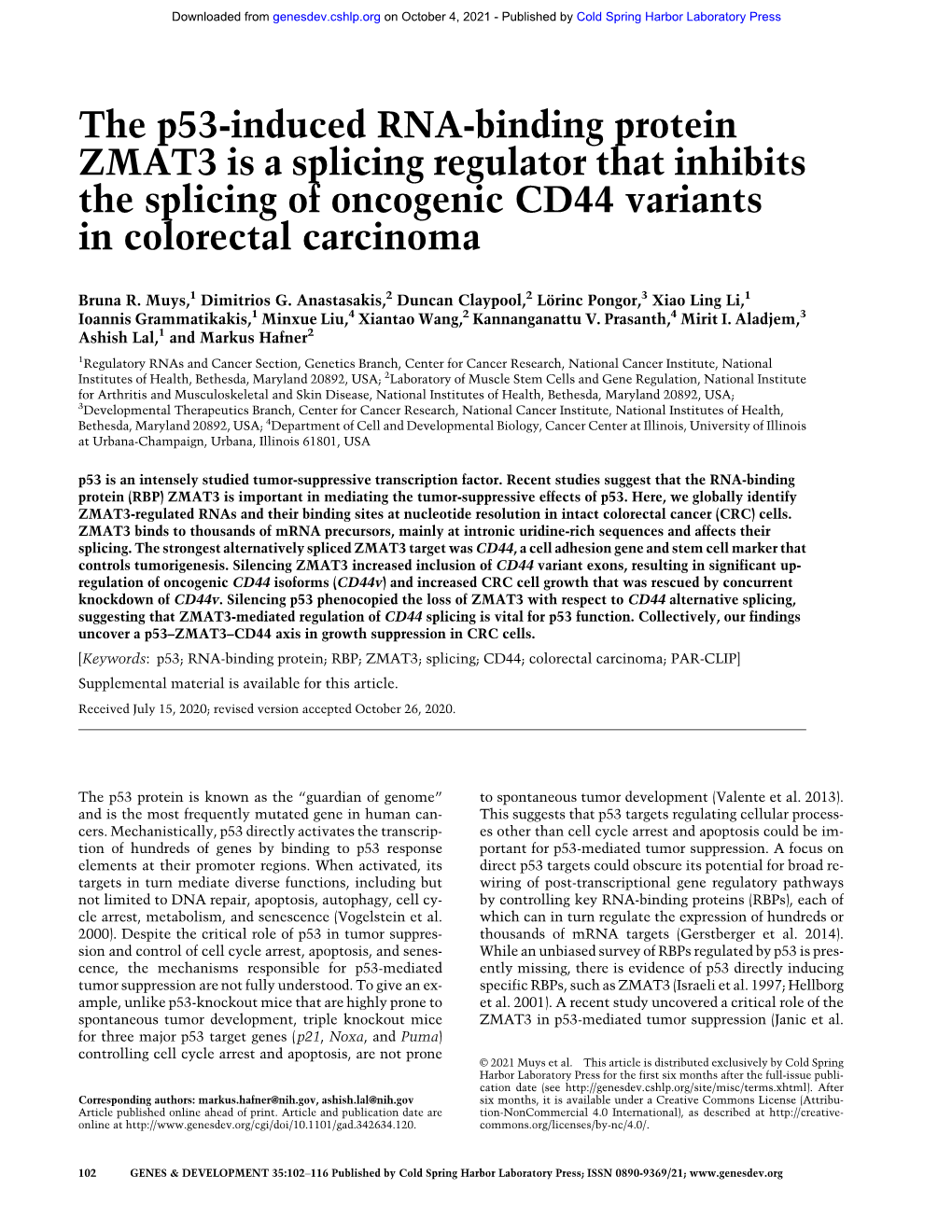 The P53-Induced RNA-Binding Protein ZMAT3 Is a Splicing Regulator That Inhibits the Splicing of Oncogenic CD44 Variants in Colorectal Carcinoma