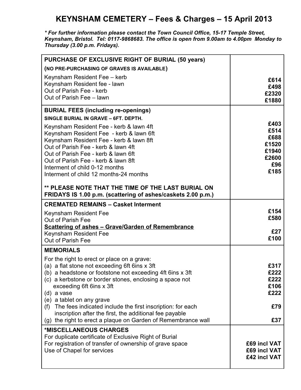 KEYNSHAM CEMETERY Fees & Charges 15 April 2013