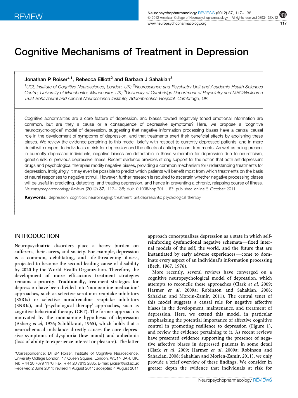 Cognitive Mechanisms of Treatment in Depression