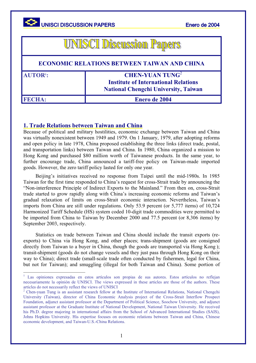 Economic Relations Between Taiwan and China Autor1