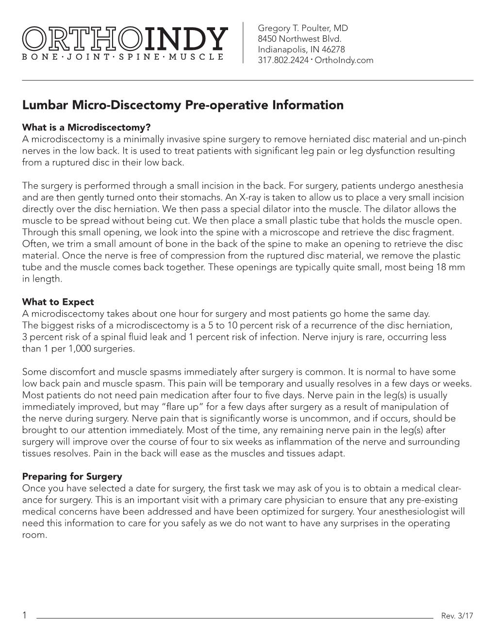 Lumbar Micro-Discectomy Pre-Operative Information