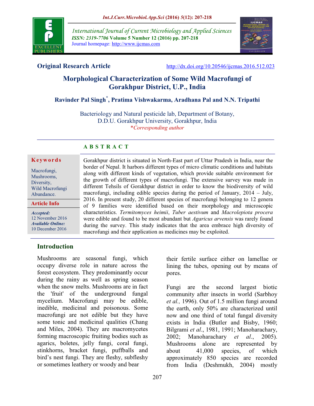 Morphological Characterization of Some Wild Macrofungi of Gorakhpur District, U.P., India