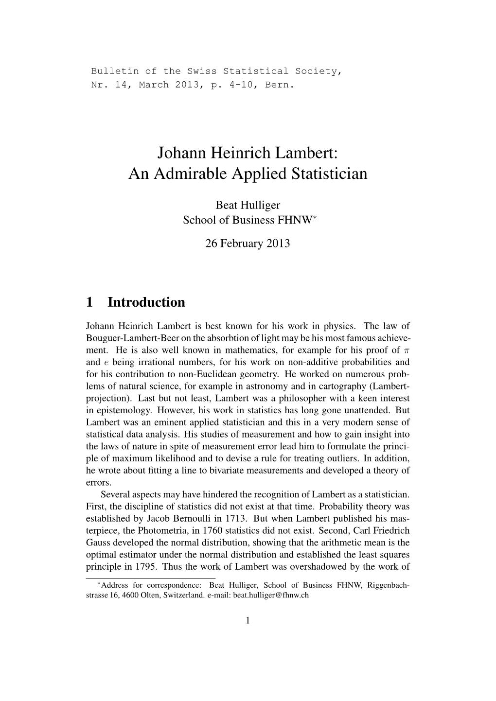 Johann Heinrich Lambert: an Admirable Applied Statistician