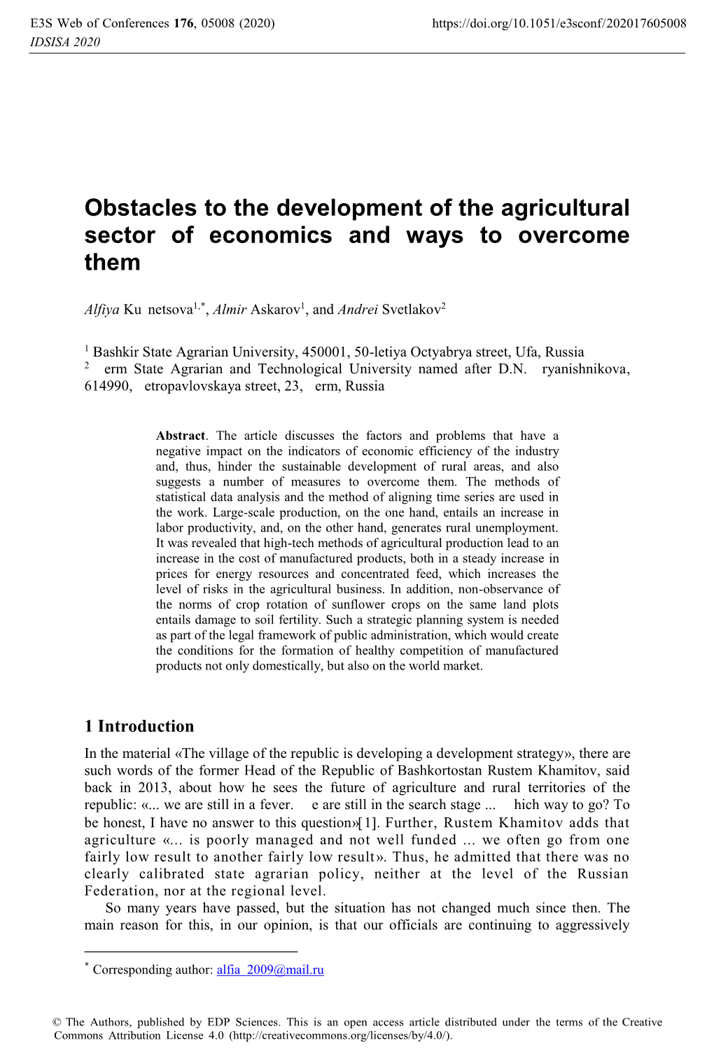 Obstacles to the Development of the Agricultural Sector of Economics and Ways to Overcome Them