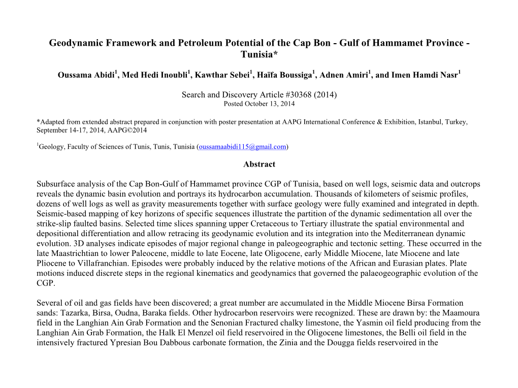 Geodynamic Framework and Petroleum Potential of the Cap Bon - Gulf of Hammamet Province - Tunisia*