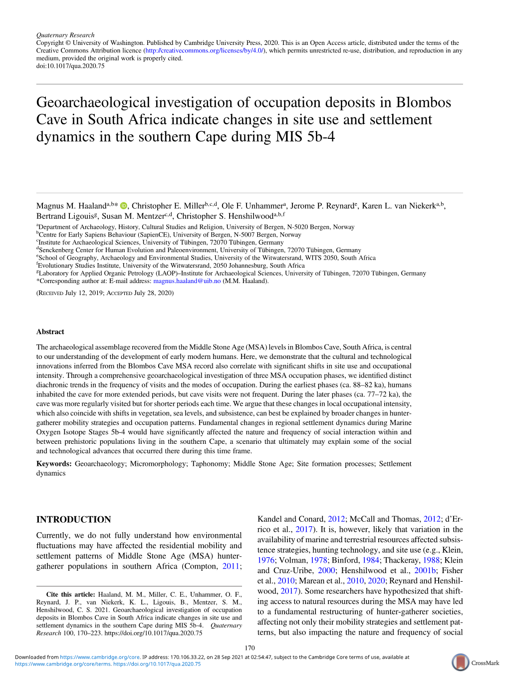 Geoarchaeological Investigation of Occupation Deposits in Blombos