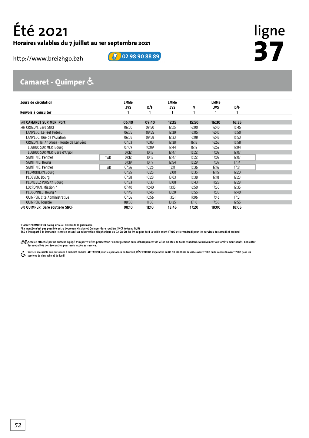 Été 2021 Ligne Horaires Valables Du 7 Juillet Au 1Er Septembre 2021 37 Camaret - Quimper