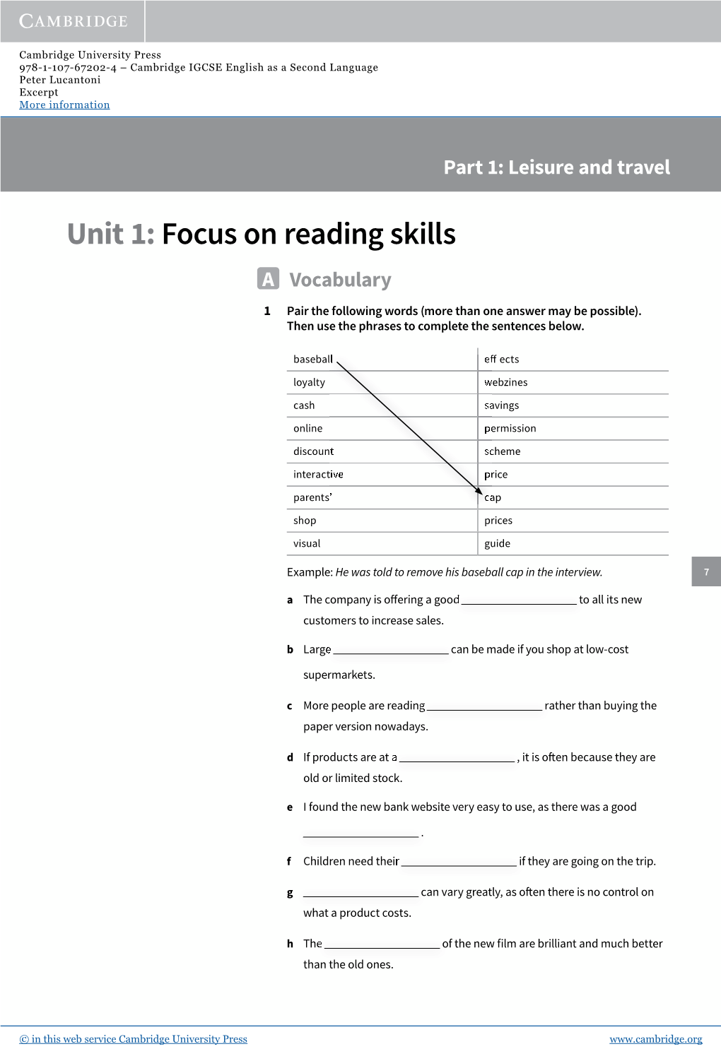 Unit 1: Focus on Reading Skills a Vocabulary 1 Pair the Following Words (More Than One Answer May Be Possible)