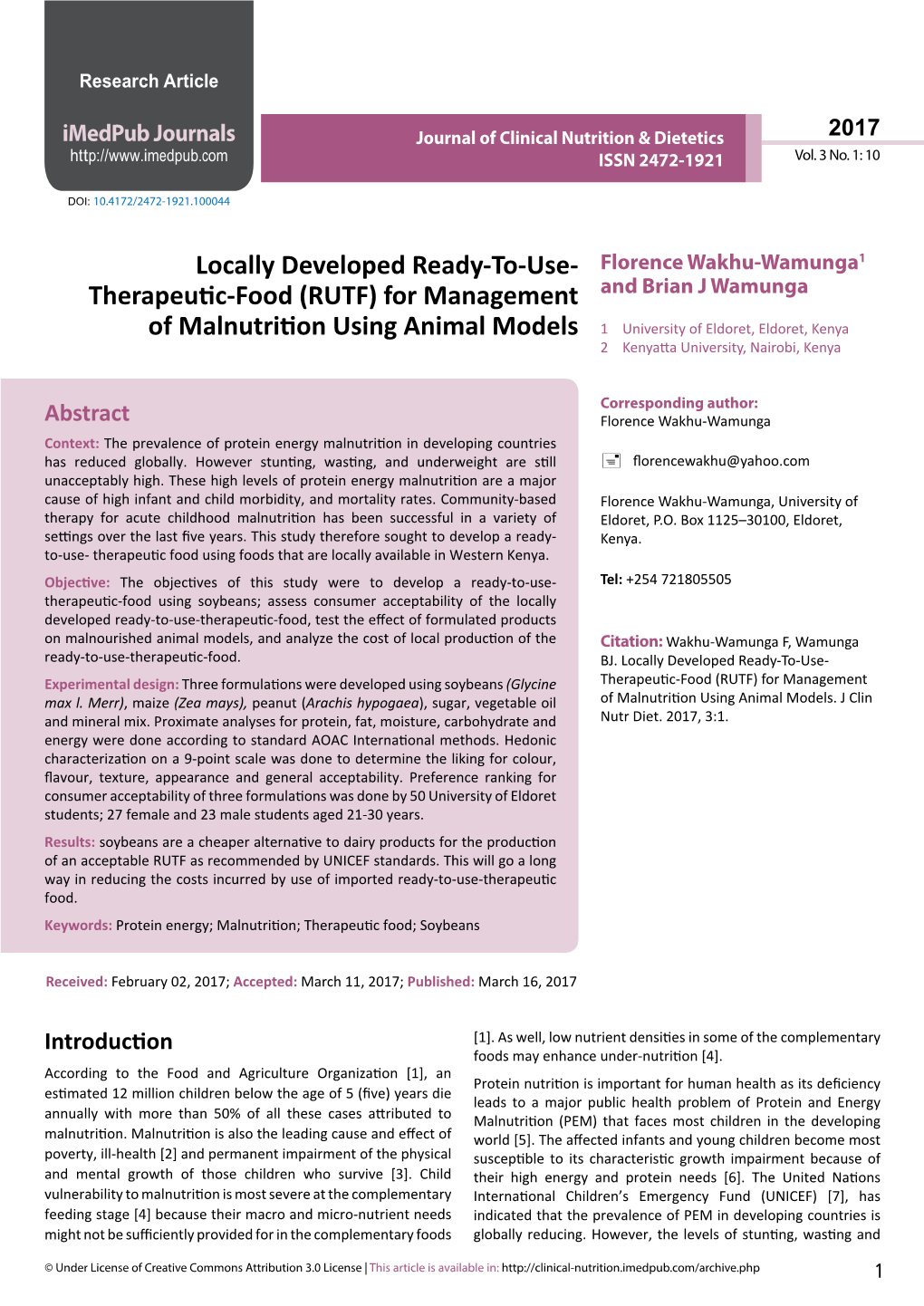 Locally Developed Ready-To-Use-Therapeutic-Food (RUTF) for Management of Malnutrition Using Animal Models