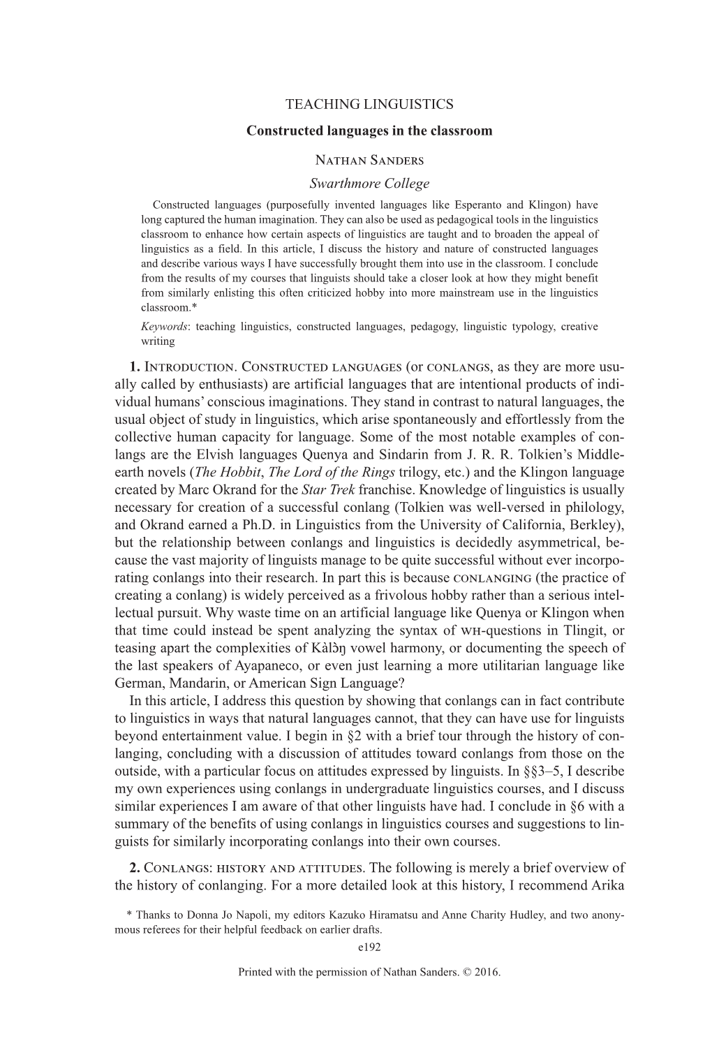 TEACHING LINGUISTICS Constructed Languages in the Classroom Nathan Sanders