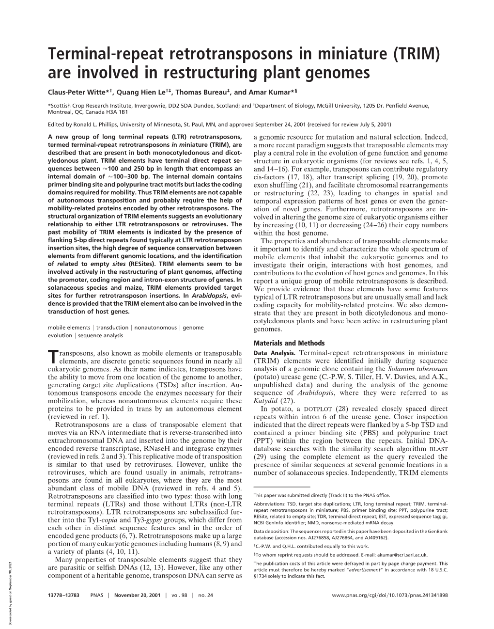 Terminal-Repeat Retrotransposons in Miniature (TRIM) Are Involved in Restructuring Plant Genomes