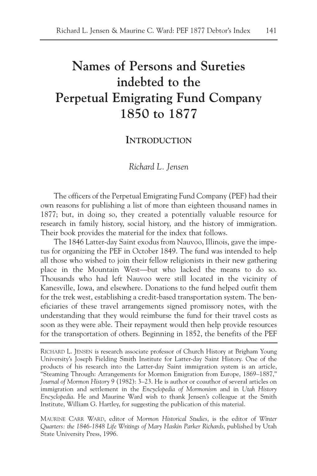 Names of Persons and Sureties Indebted to the Perpetual Emigrating Fund Company 1850 to 1877