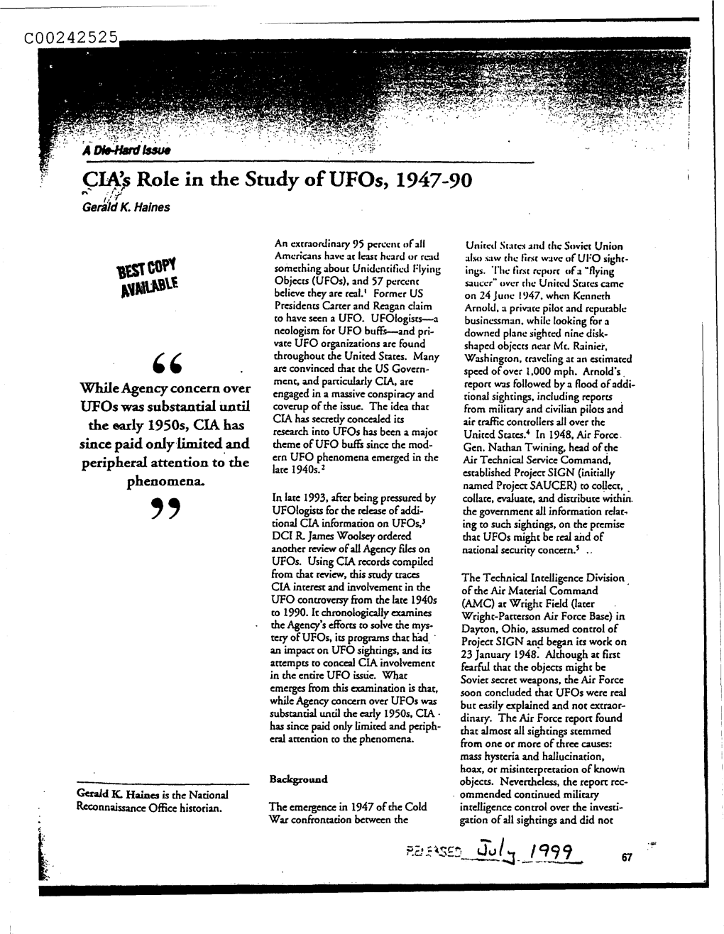 L1.:S Role in the Study of Ufos, 1947-90 F'\ :I,.Ij I,' 