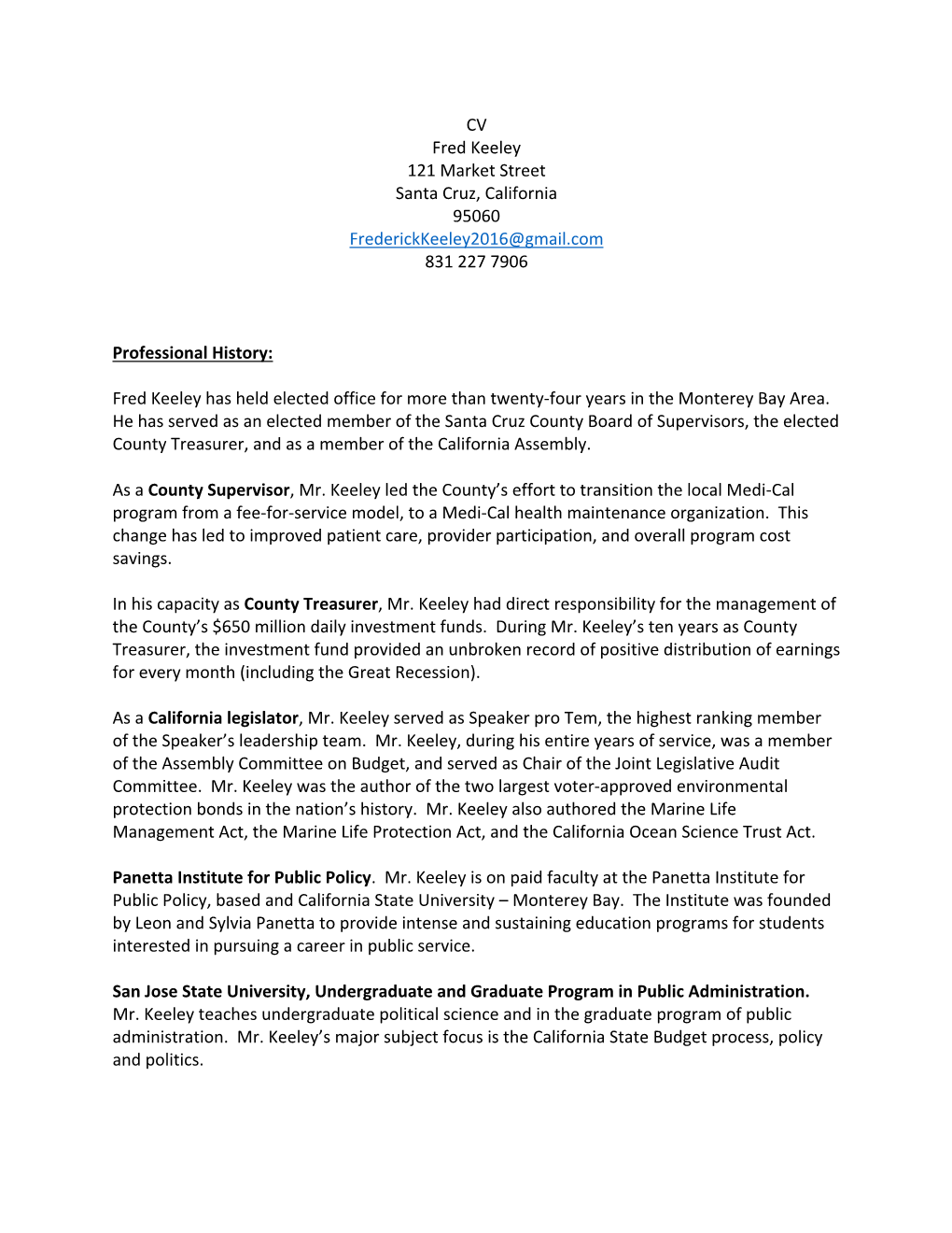 Fred Keeley's CV