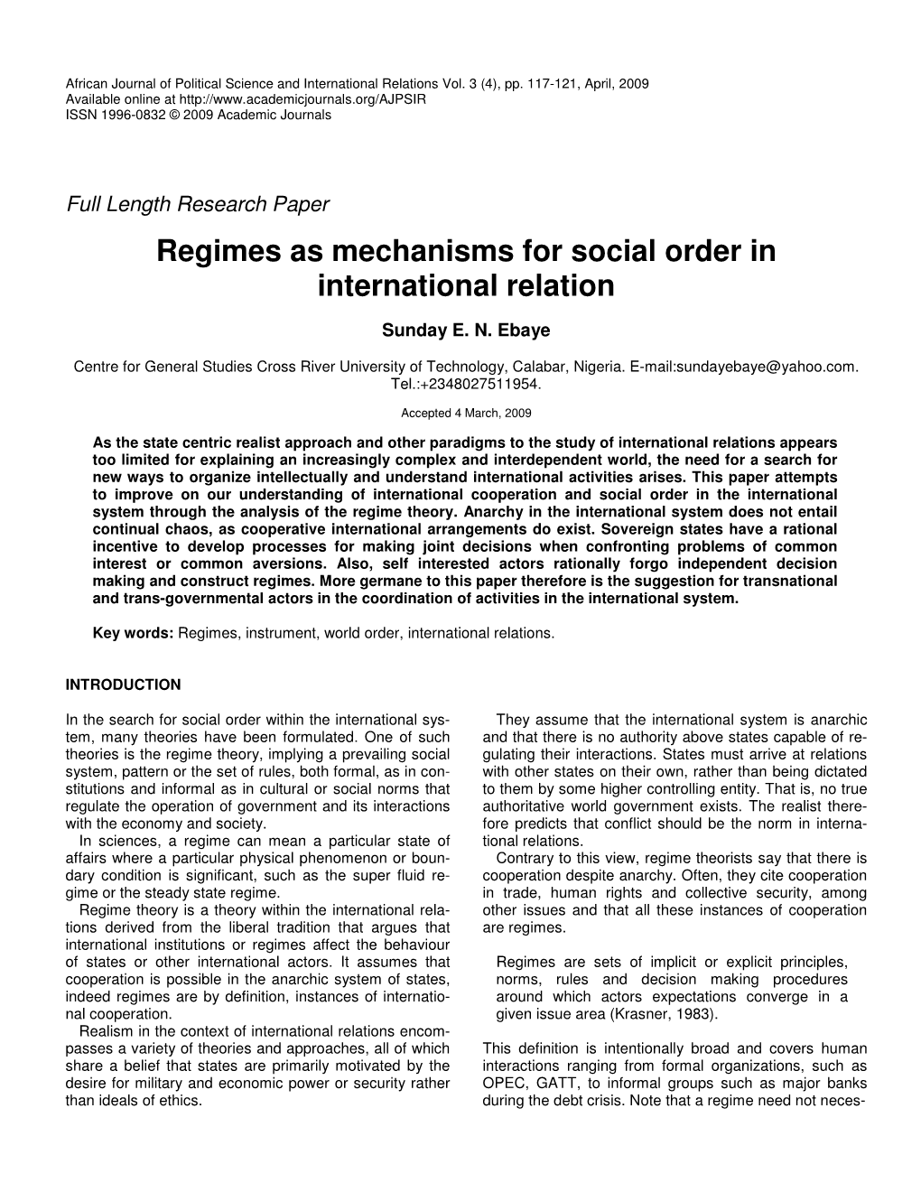 Regimes As Mechanisms for Social Order in International Relation