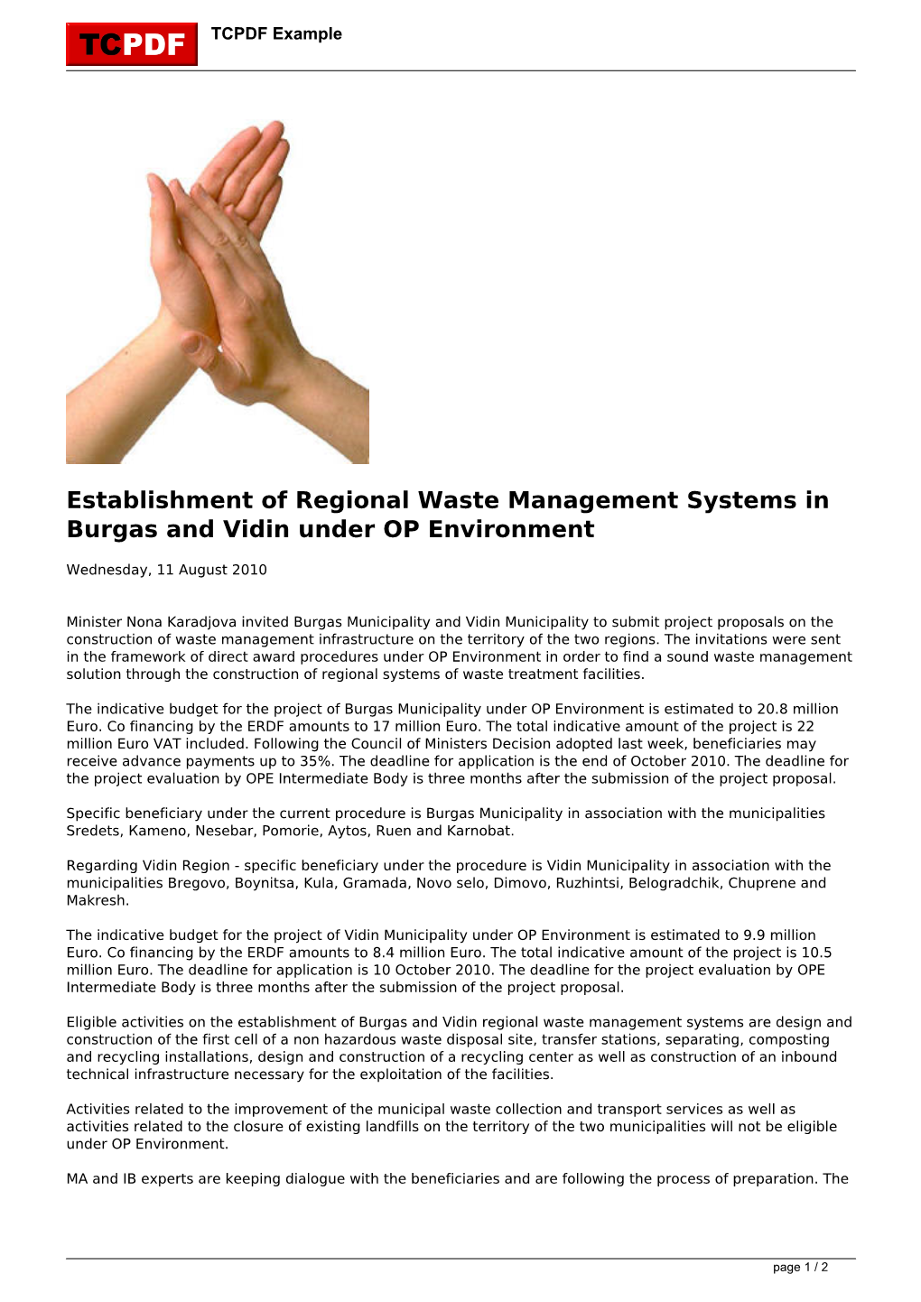 Establishment of Regional Waste Management Systems in Burgas and Vidin Under OP Environment