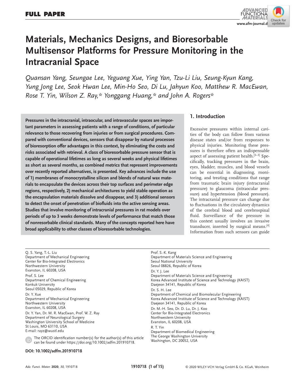 Materials, Mechanics Designs, and Bioresorbable Multisensor Platforms for Pressure Monitoring in the Intracranial Space