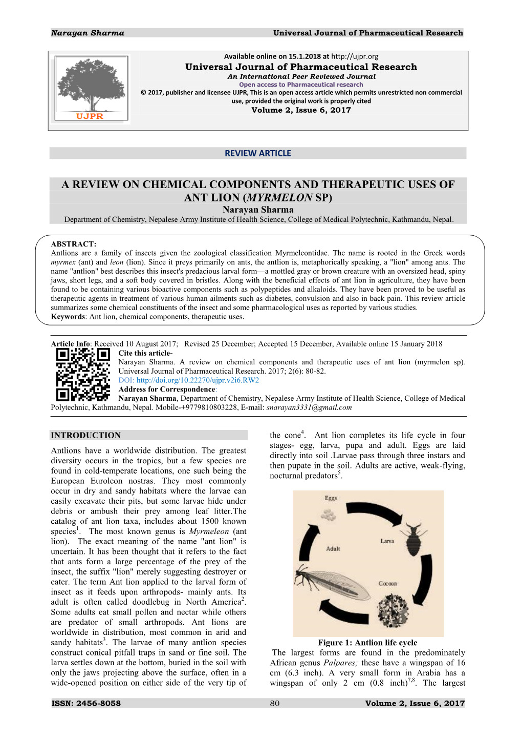 A Review on Chemical Components and Therapeutic Uses of Ant Lion