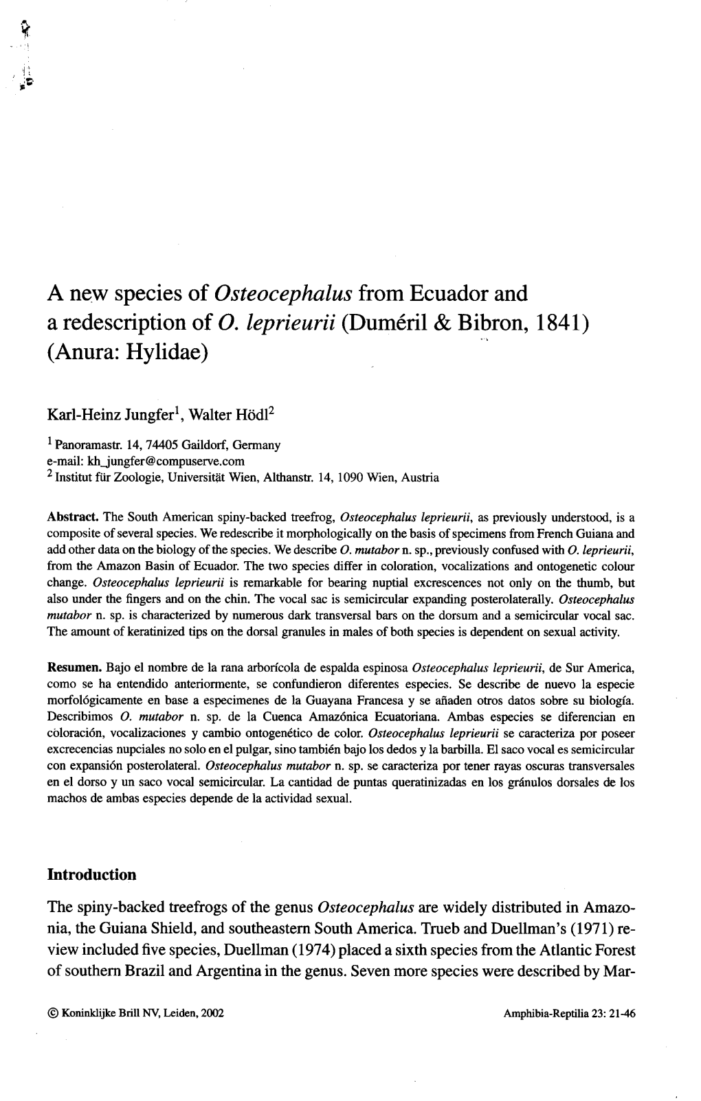 A New Species of Osteocephalus from Ecuador and a Redescription of O