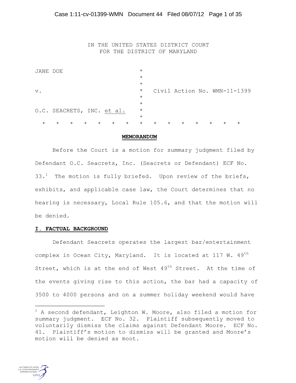 Case 1:11-Cv-01399-WMN Document 44 Filed 08/07/12 Page 1 of 35