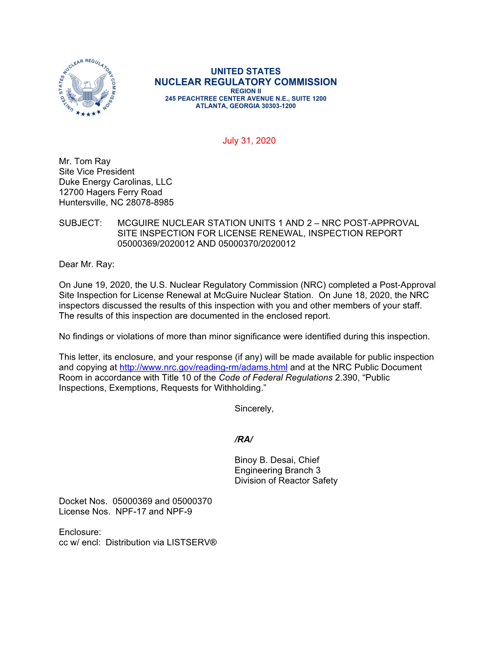 Mcguire Nuclear Station Units 1 and 2 NRC Post-Approval Site Inspection