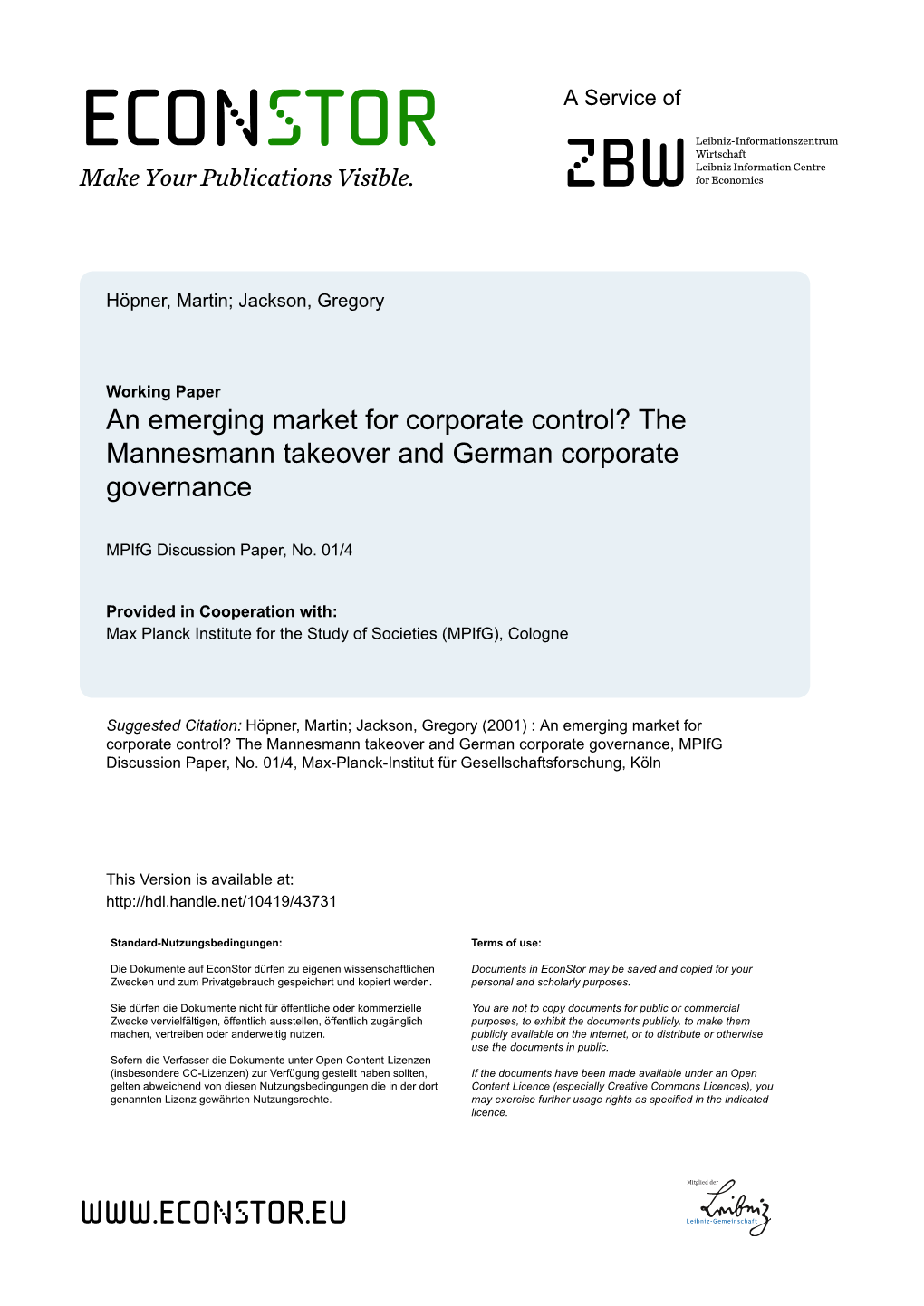 The Mannesmann Takeover and German Corporate Governance