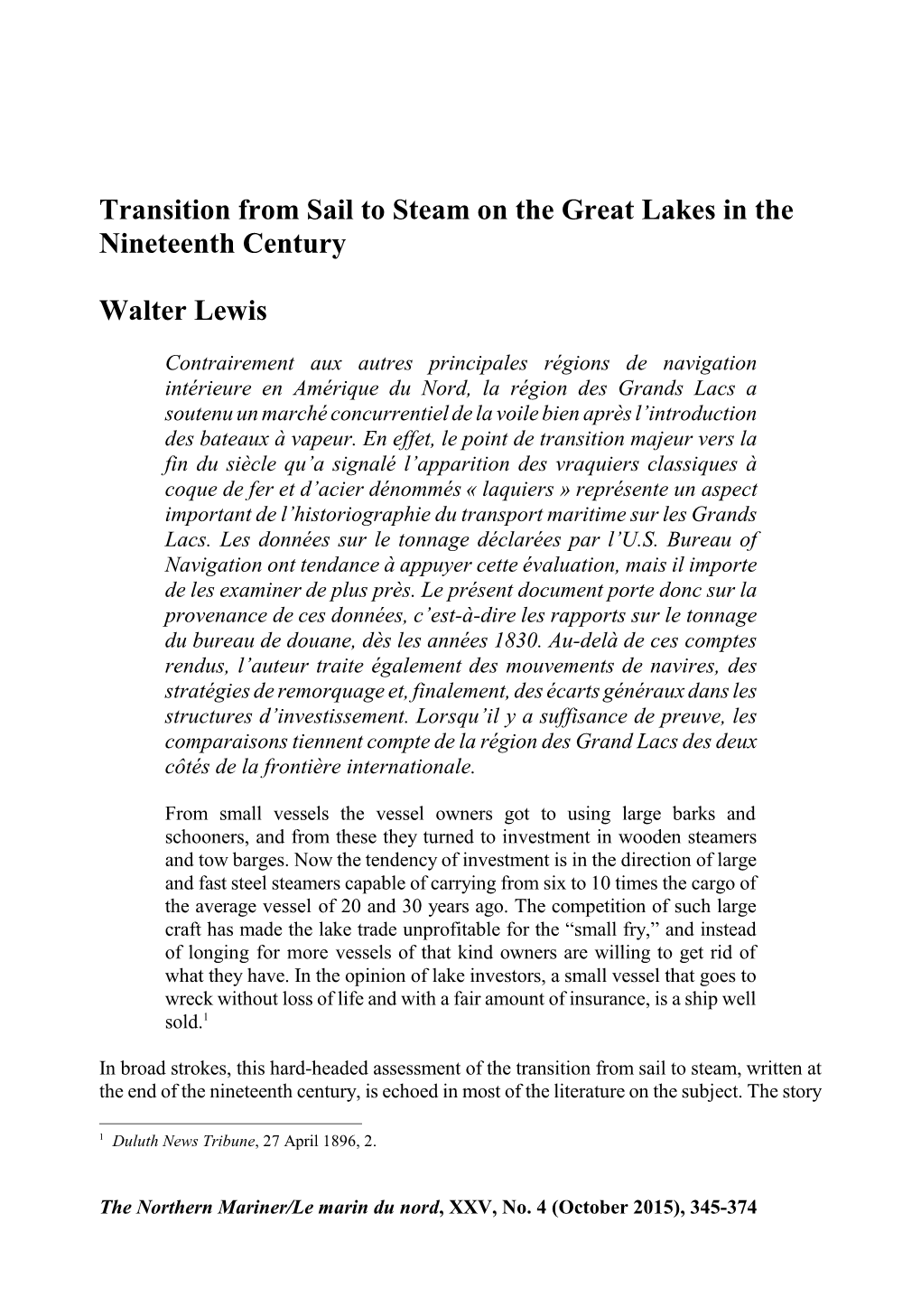 Transition from Sail to Steam on the Great Lakes in the Nineteenth Century