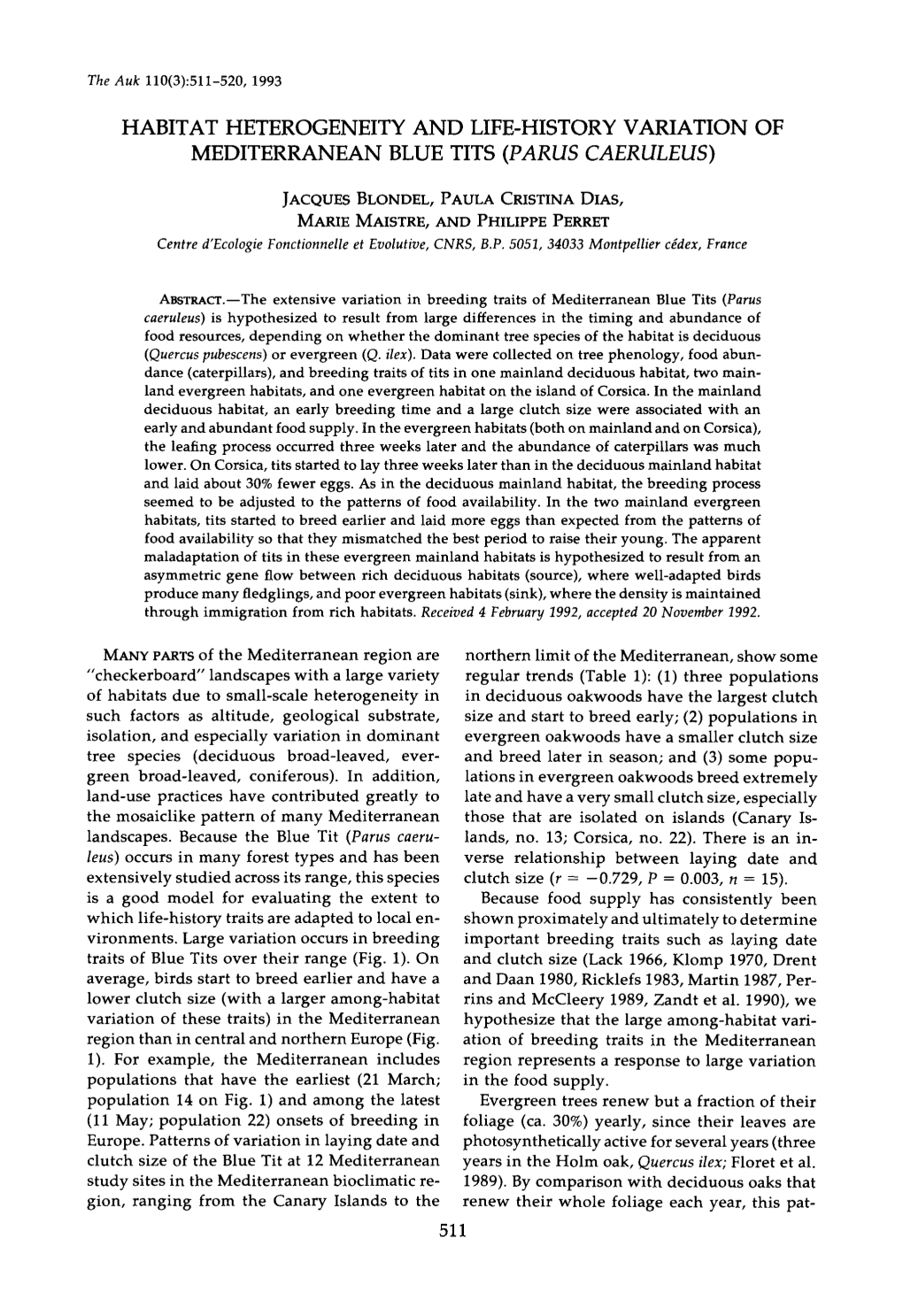 Habitat Heterogeneity and Life-History Variation of Mediterranean Blue Tits (Parus Caeruleus)