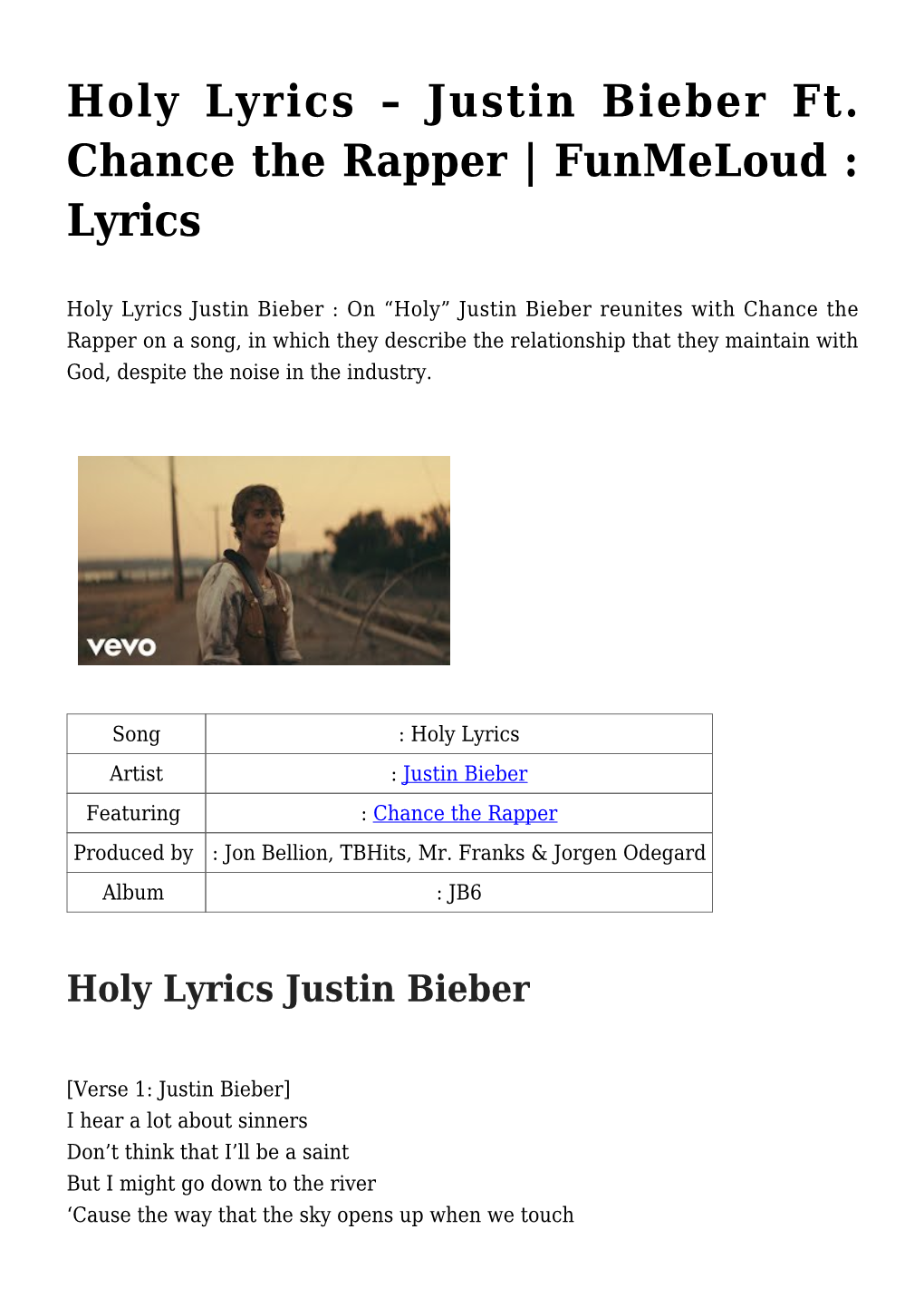 Holy Lyrics &#8211; Justin Bieber Ft. Chance the Rapper