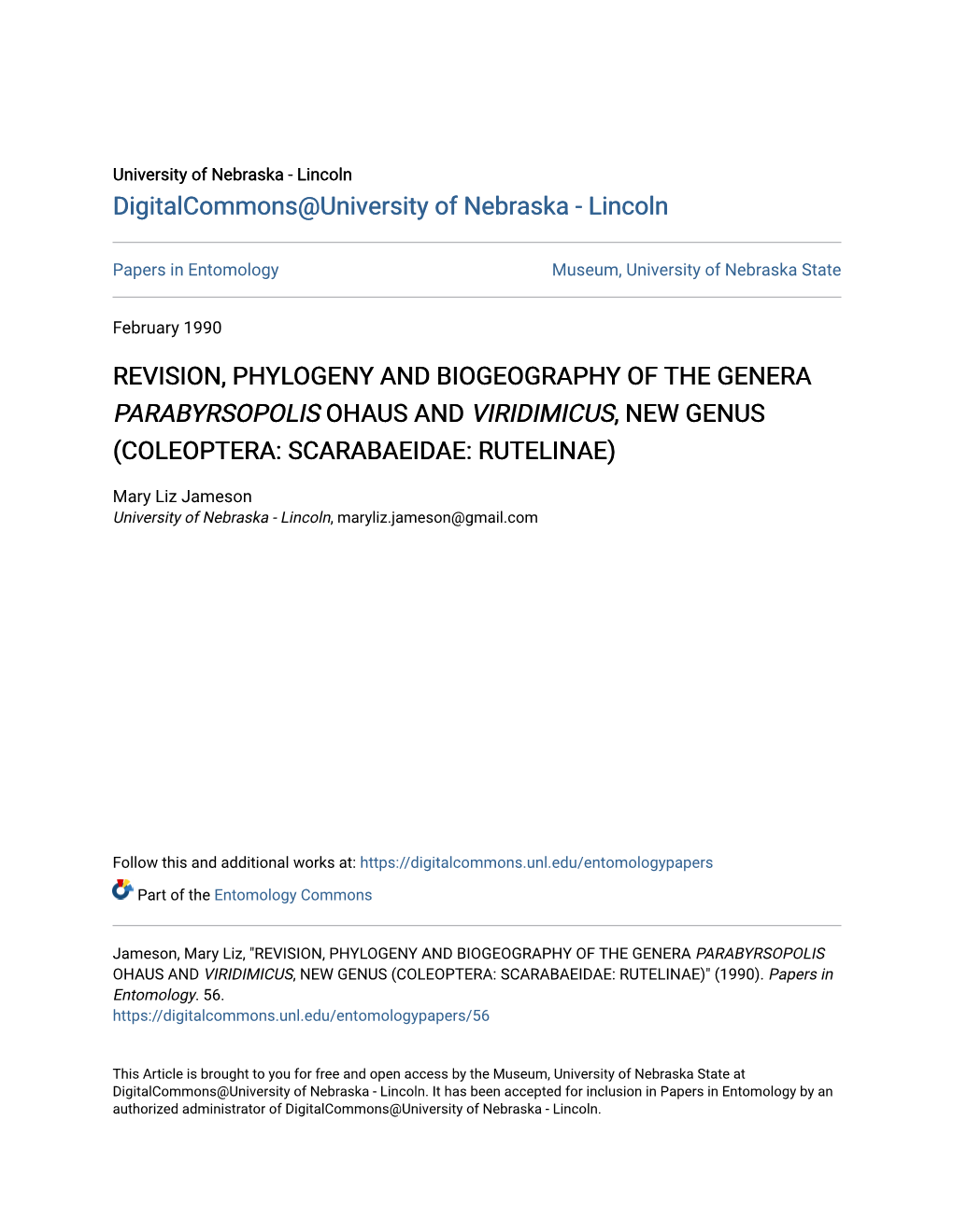 Revision, Phylogeny and Biogeography of the Genera Parabyrsopolis Ohaus and Viridimicus, New Genus (Coleoptera: Scarabaeidae: Rutelinae)